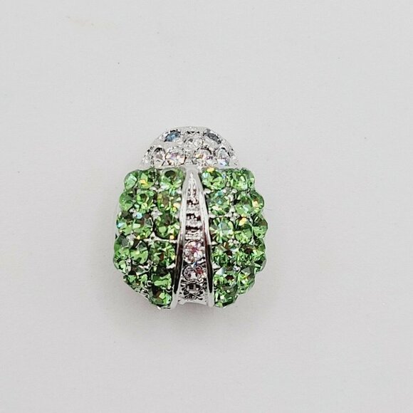 Pave Rhinestone Ladybug Brooch 5/8" Silver Tone Green Insect EUC Small Bling - Picture 5 of 9